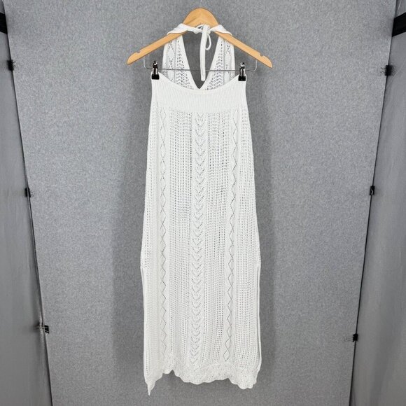 Unbranded Open Knit Crochet Maxi Dress Cover Up Size M White Sheer Beachy Casual - Picture 4 of 11